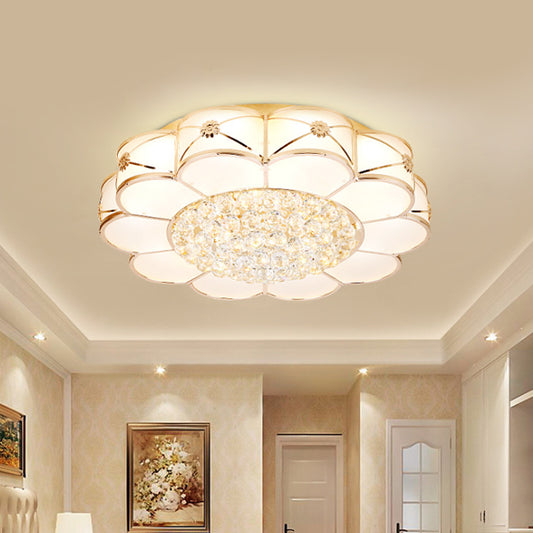 Gold LED Ceiling Light Modern Frosted Glass Layered Petals Flush Mount Fixture with Crystal Ball Drop Clearhalo 'Ceiling Lights' 'Close To Ceiling Lights' 'Close to ceiling' 'Flush mount' Lighting' 790788