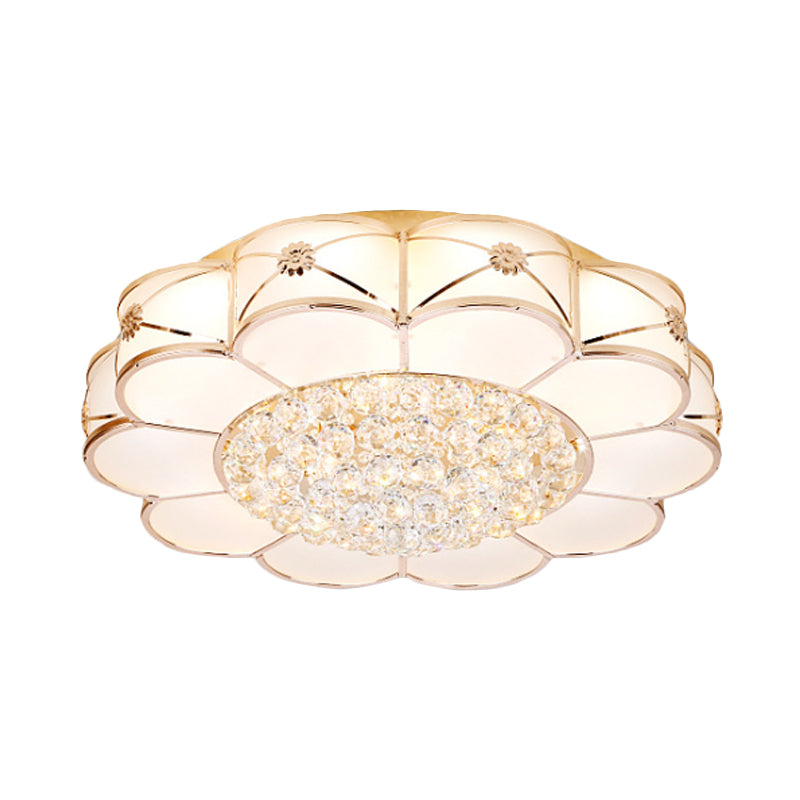 Gold LED Ceiling Light Modern Frosted Glass Layered Petals Flush Mount Fixture with Crystal Ball Drop Clearhalo 'Ceiling Lights' 'Close To Ceiling Lights' 'Close to ceiling' 'Flush mount' Lighting' 790789