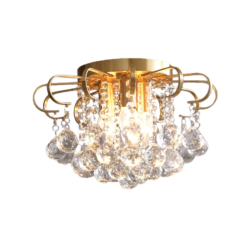 3-Bulb Faceted Crystal Orb Ceiling Flush Vintage Gold Flower Living Room Flush Mount Chandelier Clearhalo 'Ceiling Lights' 'Close To Ceiling Lights' 'Close to ceiling' 'Flush mount' Lighting' 790792