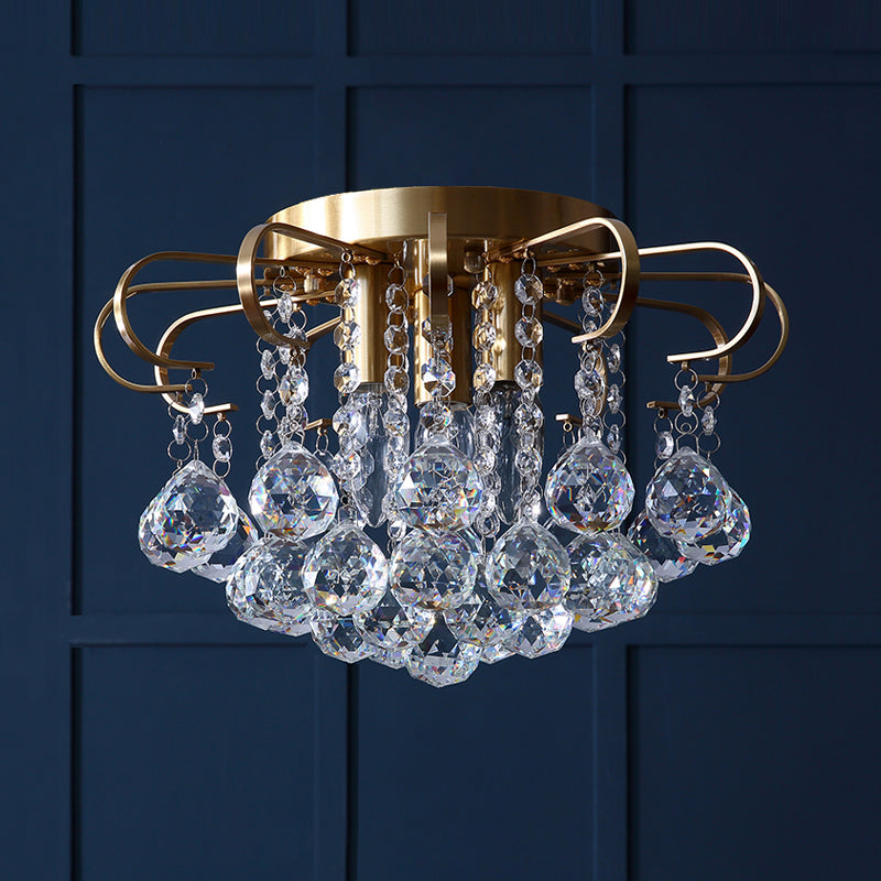 3-Bulb Faceted Crystal Orb Ceiling Flush Vintage Gold Flower Living Room Flush Mount Chandelier Clearhalo 'Ceiling Lights' 'Close To Ceiling Lights' 'Close to ceiling' 'Flush mount' Lighting' 790793