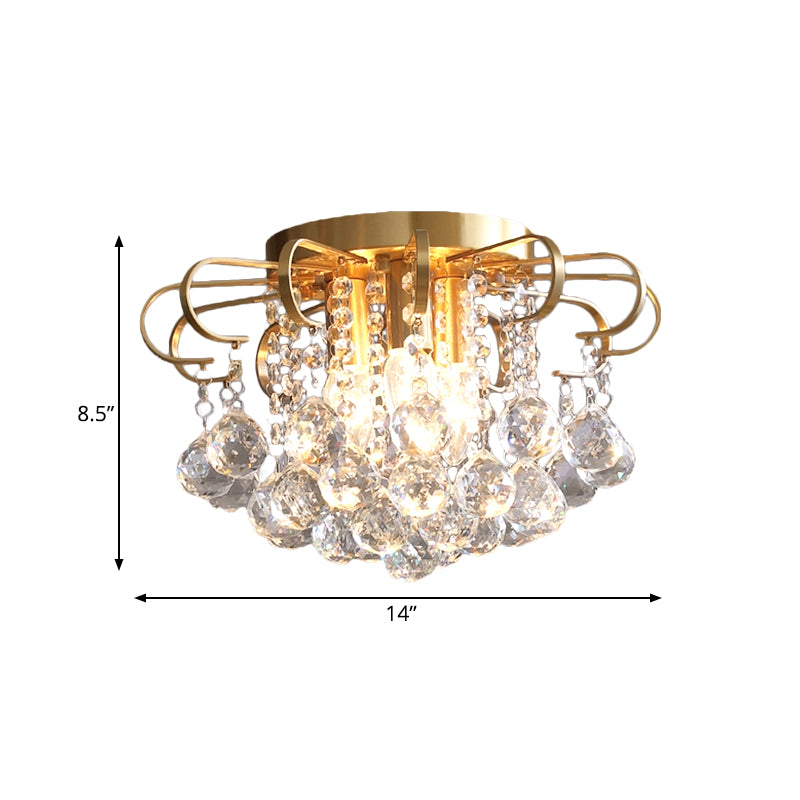 3-Bulb Faceted Crystal Orb Ceiling Flush Vintage Gold Flower Living Room Flush Mount Chandelier Clearhalo 'Ceiling Lights' 'Close To Ceiling Lights' 'Close to ceiling' 'Flush mount' Lighting' 790794