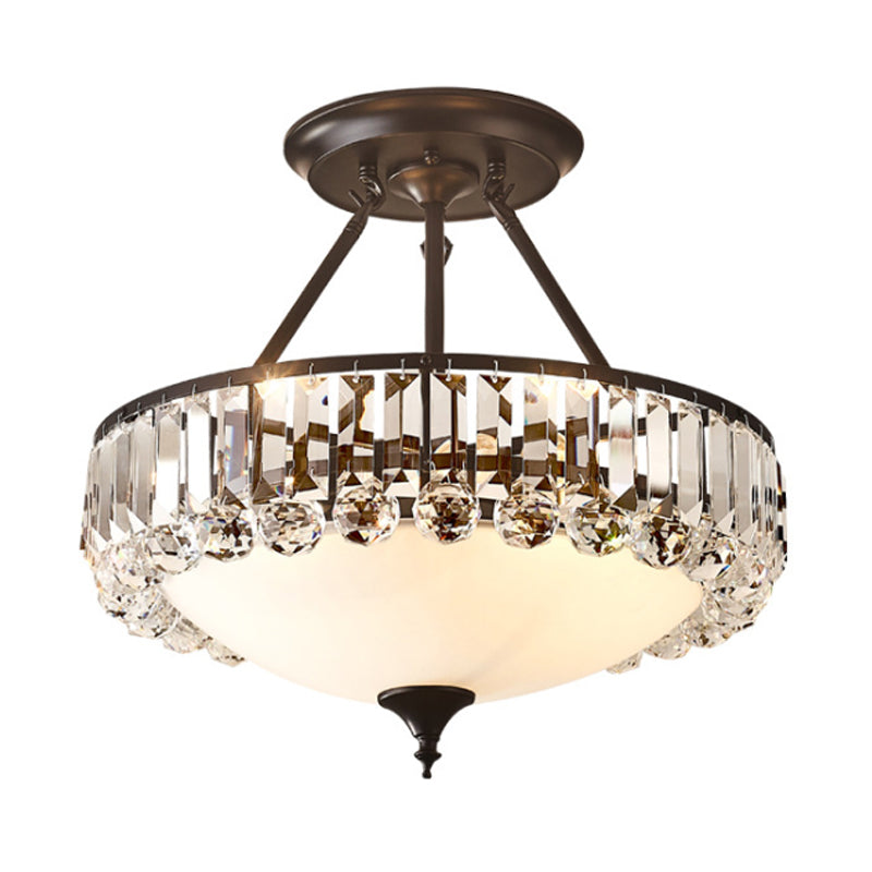 Brass Bowl Flush Ceiling Light Classic Opal Frosted Glass 4-Light Bedroom Flush Mount with Crystal Prism Side Clearhalo 'Ceiling Lights' 'Close To Ceiling Lights' 'Close to ceiling' 'Semi-flushmount' Lighting' 790796