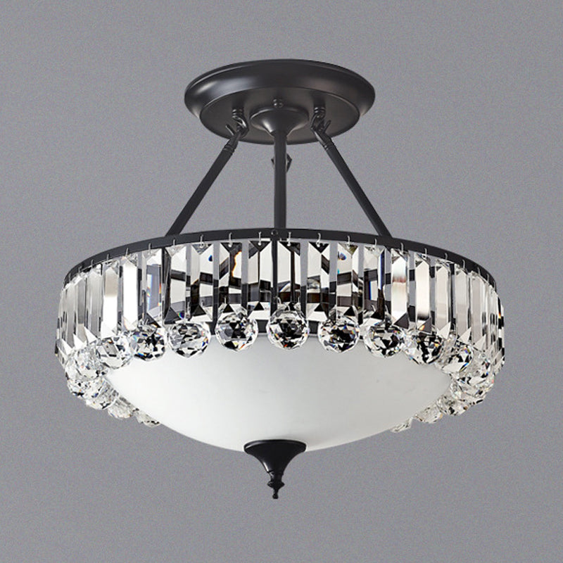 Brass Bowl Flush Ceiling Light Classic Opal Frosted Glass 4-Light Bedroom Flush Mount with Crystal Prism Side Clearhalo 'Ceiling Lights' 'Close To Ceiling Lights' 'Close to ceiling' 'Semi-flushmount' Lighting' 790797