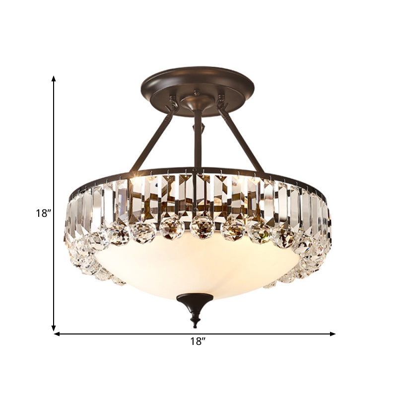 Brass Bowl Flush Ceiling Light Classic Opal Frosted Glass 4-Light Bedroom Flush Mount with Crystal Prism Side Clearhalo 'Ceiling Lights' 'Close To Ceiling Lights' 'Close to ceiling' 'Semi-flushmount' Lighting' 790798