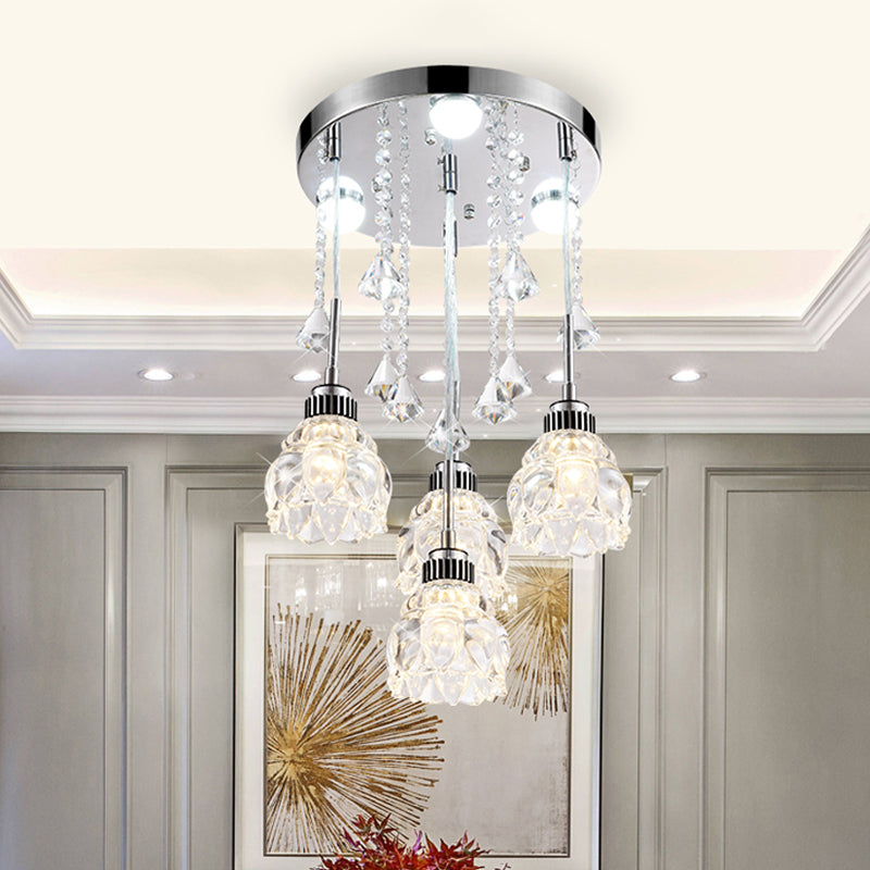 3/4-Head Semi Flush Light Fixture Modern Dining Room Ceiling Mount Lamp with Lotus Crystal Shade in Chrome 4 Chrome Clearhalo 'Ceiling Lights' 'Close To Ceiling Lights' 'Close to ceiling' 'Semi-flushmount' Lighting' 790904