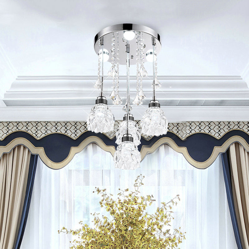 3/4-Head Semi Flush Light Fixture Modern Dining Room Ceiling Mount Lamp with Lotus Crystal Shade in Chrome Clearhalo 'Ceiling Lights' 'Close To Ceiling Lights' 'Close to ceiling' 'Semi-flushmount' Lighting' 790905