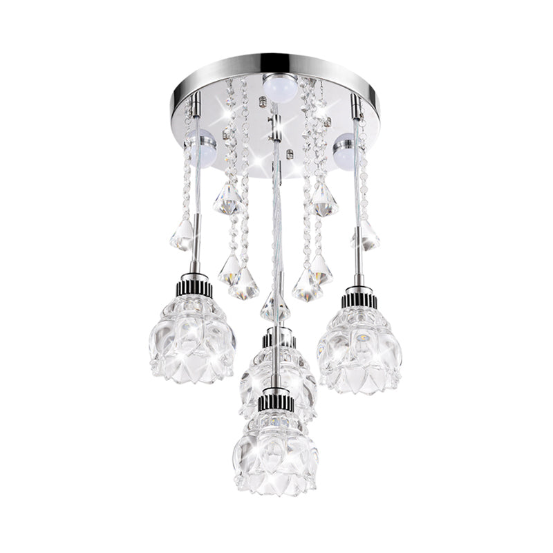 3/4-Head Semi Flush Light Fixture Modern Dining Room Ceiling Mount Lamp with Lotus Crystal Shade in Chrome Clearhalo 'Ceiling Lights' 'Close To Ceiling Lights' 'Close to ceiling' 'Semi-flushmount' Lighting' 790906