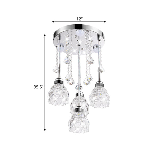 3/4-Head Semi Flush Light Fixture Modern Dining Room Ceiling Mount Lamp with Lotus Crystal Shade in Chrome Clearhalo 'Ceiling Lights' 'Close To Ceiling Lights' 'Close to ceiling' 'Semi-flushmount' Lighting' 790907