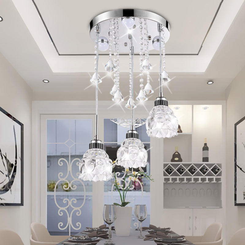 3/4-Head Semi Flush Light Fixture Modern Dining Room Ceiling Mount Lamp with Lotus Crystal Shade in Chrome Clearhalo 'Ceiling Lights' 'Close To Ceiling Lights' 'Close to ceiling' 'Semi-flushmount' Lighting' 790909