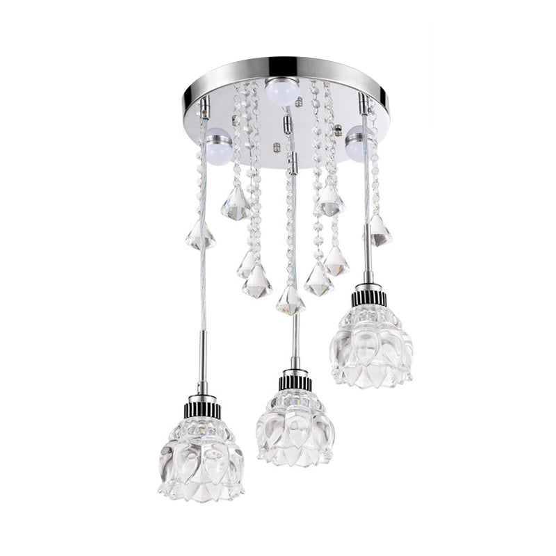 3/4-Head Semi Flush Light Fixture Modern Dining Room Ceiling Mount Lamp with Lotus Crystal Shade in Chrome Clearhalo 'Ceiling Lights' 'Close To Ceiling Lights' 'Close to ceiling' 'Semi-flushmount' Lighting' 790910