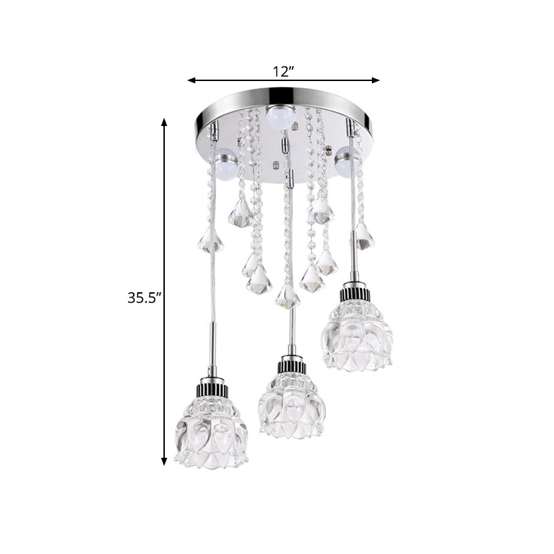 3/4-Head Semi Flush Light Fixture Modern Dining Room Ceiling Mount Lamp with Lotus Crystal Shade in Chrome Clearhalo 'Ceiling Lights' 'Close To Ceiling Lights' 'Close to ceiling' 'Semi-flushmount' Lighting' 790912