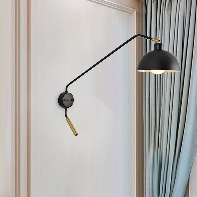 Dome Shade Metallic Wall Mounted Light Farmhouse 1 Light Dining Room Sconce Lamp in Black/Gold with Fishing Rod Black Clearhalo 'Cast Iron' 'Glass' 'Industrial' 'Modern wall lights' 'Modern' 'Tiffany' 'Traditional wall lights' 'Wall Lamps & Sconces' 'Wall Lights' Lighting' 790973