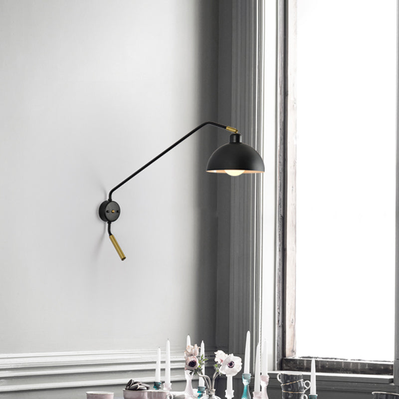 Dome Shade Metallic Wall Mounted Light Farmhouse 1 Light Dining Room Sconce Lamp in Black/Gold with Fishing Rod Clearhalo 'Cast Iron' 'Glass' 'Industrial' 'Modern wall lights' 'Modern' 'Tiffany' 'Traditional wall lights' 'Wall Lamps & Sconces' 'Wall Lights' Lighting' 790974
