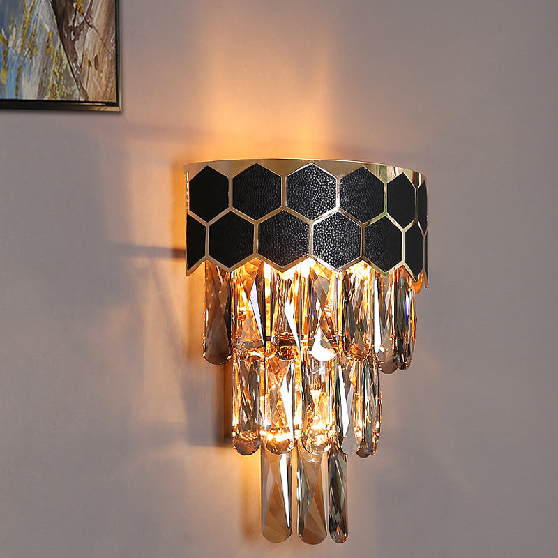 Black 4-Layer Sconce Light Fixture Modernist Beveled Crystal Prism 1 Light Indoor Wall Lamp Black Clearhalo 'Cast Iron' 'Glass' 'Industrial' 'Modern wall lights' 'Modern' 'Tiffany' 'Traditional wall lights' 'Wall Lamps & Sconces' 'Wall Lights' Lighting' 790989