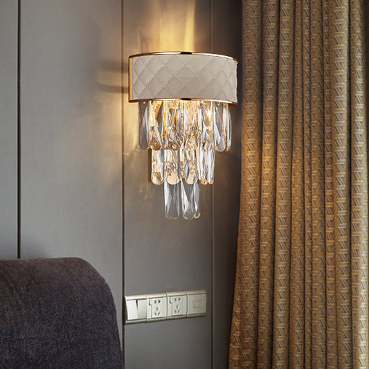 2-Head Wall Lighting Ideas Modernism Indoor Wall Lamp Sconce with 3-Tier Crystal Prism Shade in Grey Grey Clearhalo 'Cast Iron' 'Glass' 'Industrial' 'Modern wall lights' 'Modern' 'Tiffany' 'Traditional wall lights' 'Wall Lamps & Sconces' 'Wall Lights' Lighting' 790993