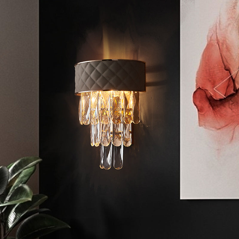 2-Head Wall Lighting Ideas Modernism Indoor Wall Lamp Sconce with 3-Tier Crystal Prism Shade in Grey Clearhalo 'Cast Iron' 'Glass' 'Industrial' 'Modern wall lights' 'Modern' 'Tiffany' 'Traditional wall lights' 'Wall Lamps & Sconces' 'Wall Lights' Lighting' 790994