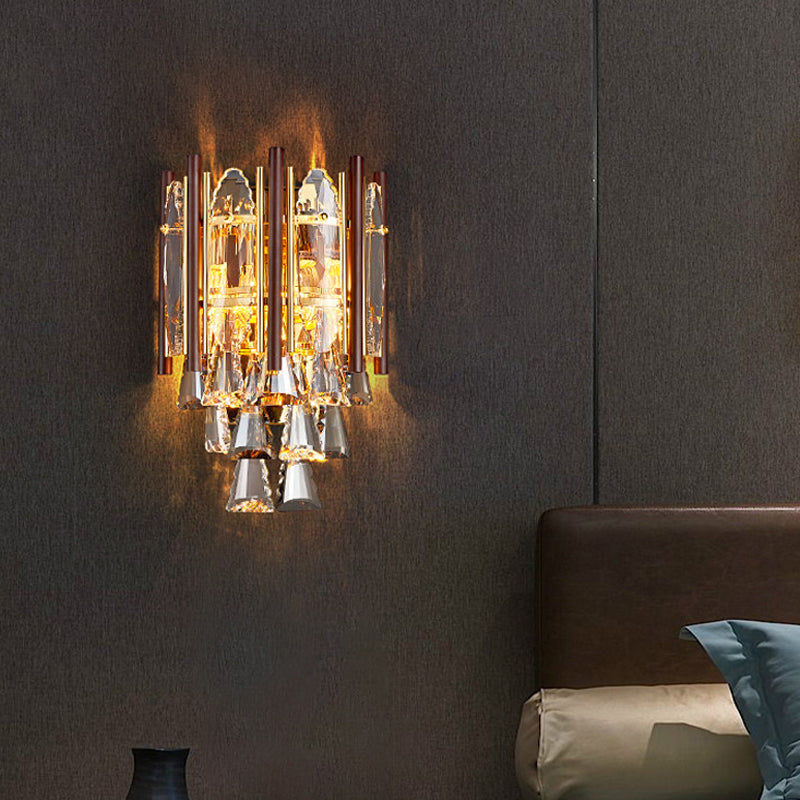 Beveled K9 Crystal Gold Sconce Lighting Panel 2 Heads Modernist Wall Mount Lamp Fixture Gold Clearhalo 'Cast Iron' 'Glass' 'Industrial' 'Modern wall lights' 'Modern' 'Tiffany' 'Traditional wall lights' 'Wall Lamps & Sconces' 'Wall Lights' Lighting' 791001