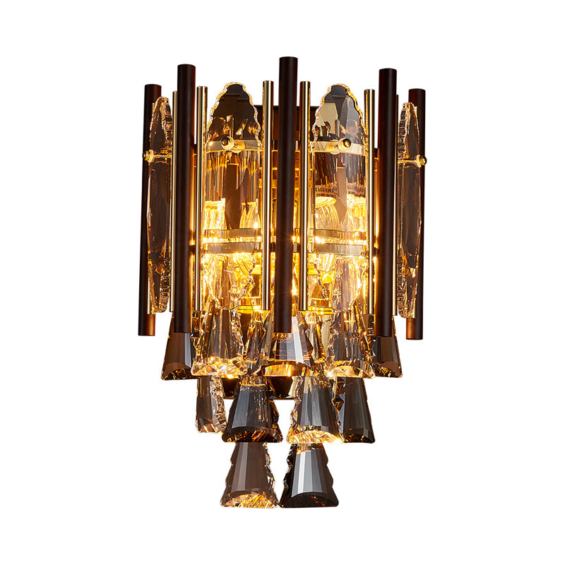Beveled K9 Crystal Gold Sconce Lighting Panel 2 Heads Modernist Wall Mount Lamp Fixture Clearhalo 'Cast Iron' 'Glass' 'Industrial' 'Modern wall lights' 'Modern' 'Tiffany' 'Traditional wall lights' 'Wall Lamps & Sconces' 'Wall Lights' Lighting' 791002