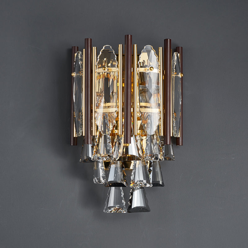 Beveled K9 Crystal Gold Sconce Lighting Panel 2 Heads Modernist Wall Mount Lamp Fixture Clearhalo 'Cast Iron' 'Glass' 'Industrial' 'Modern wall lights' 'Modern' 'Tiffany' 'Traditional wall lights' 'Wall Lamps & Sconces' 'Wall Lights' Lighting' 791003