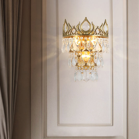 3 Bulbs Crown Shape Sconce Light Fixture Contemporary Brass Crystal Drip Wall Lamp Clearhalo 'Cast Iron' 'Glass' 'Industrial' 'Modern wall lights' 'Modern' 'Tiffany' 'Traditional wall lights' 'Wall Lamps & Sconces' 'Wall Lights' Lighting' 791010