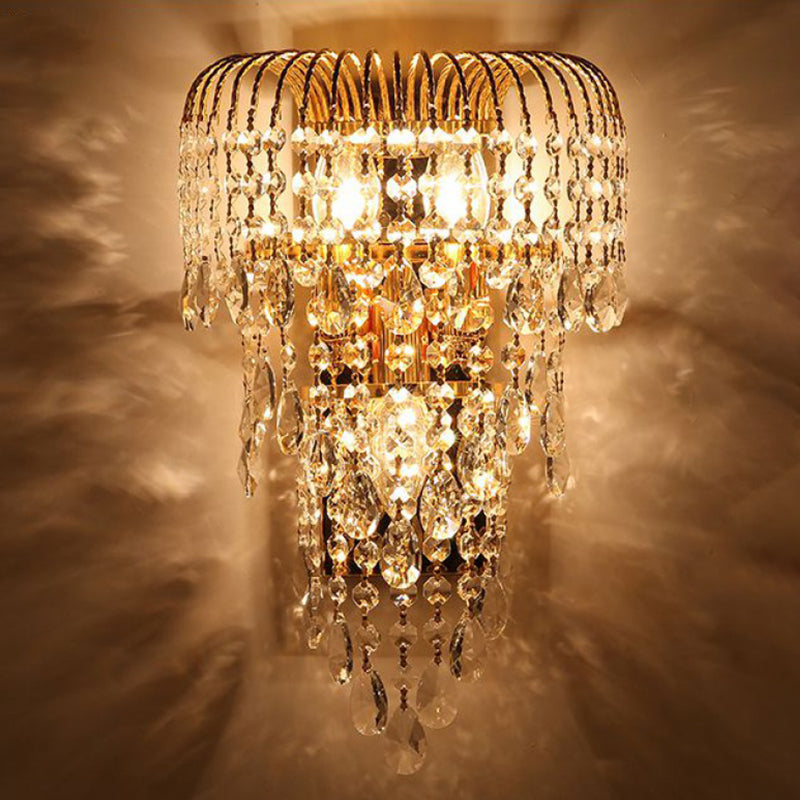 Wicker Crystal Drip Wall Mounted Lamp Modernist 3 Lights Bedroom Sconce Lighting in Gold Clearhalo 'Wall Lamps & Sconces' 'Wall Lights' Lighting' 791014