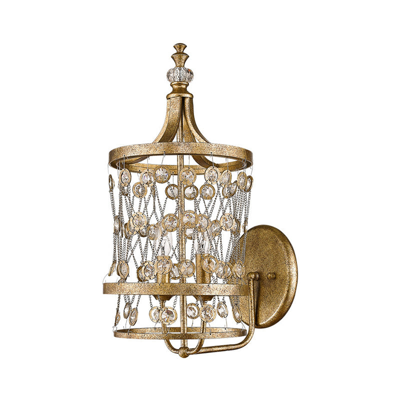 2 Heads Candelabra Wall Mount Light Modern Gold Crystal Strand Wall Sconce with Cylinder Cage Clearhalo 'Cast Iron' 'Glass' 'Industrial' 'Modern wall lights' 'Modern' 'Tiffany' 'Traditional wall lights' 'Wall Lamps & Sconces' 'Wall Lights' Lighting' 791046