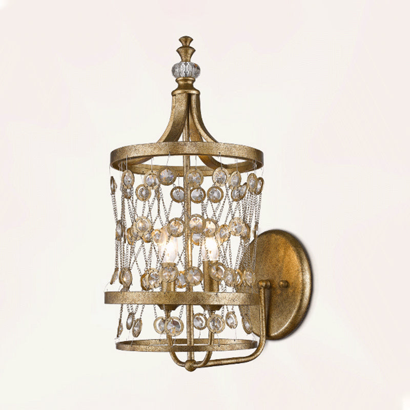 2 Heads Candelabra Wall Mount Light Modern Gold Crystal Strand Wall Sconce with Cylinder Cage Clearhalo 'Cast Iron' 'Glass' 'Industrial' 'Modern wall lights' 'Modern' 'Tiffany' 'Traditional wall lights' 'Wall Lamps & Sconces' 'Wall Lights' Lighting' 791047