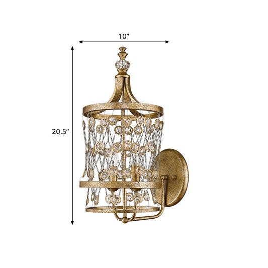 2 Heads Candelabra Wall Mount Light Modern Gold Crystal Strand Wall Sconce with Cylinder Cage Clearhalo 'Cast Iron' 'Glass' 'Industrial' 'Modern wall lights' 'Modern' 'Tiffany' 'Traditional wall lights' 'Wall Lamps & Sconces' 'Wall Lights' Lighting' 791048
