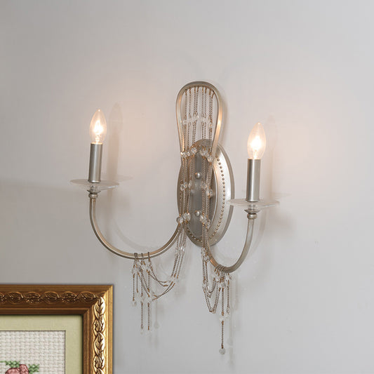 Candelabra Metallic Wall Light Sconce Contemporary 2-Light Bedroom Crystal Wall Mount Lighting in Nickel with Curved Arm Nickel Clearhalo 'Cast Iron' 'Glass' 'Industrial' 'Modern wall lights' 'Modern' 'Tiffany' 'Traditional wall lights' 'Wall Lamps & Sconces' 'Wall Lights' Lighting' 791049