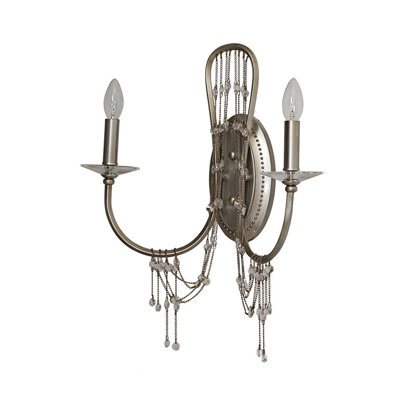 Candelabra Metallic Wall Light Sconce Contemporary 2-Light Bedroom Crystal Wall Mount Lighting in Nickel with Curved Arm Clearhalo 'Cast Iron' 'Glass' 'Industrial' 'Modern wall lights' 'Modern' 'Tiffany' 'Traditional wall lights' 'Wall Lamps & Sconces' 'Wall Lights' Lighting' 791050