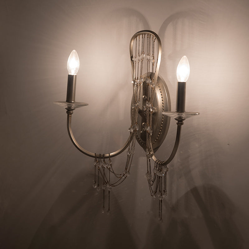 Candelabra Metallic Wall Light Sconce Contemporary 2-Light Bedroom Crystal Wall Mount Lighting in Nickel with Curved Arm Clearhalo 'Cast Iron' 'Glass' 'Industrial' 'Modern wall lights' 'Modern' 'Tiffany' 'Traditional wall lights' 'Wall Lamps & Sconces' 'Wall Lights' Lighting' 791051