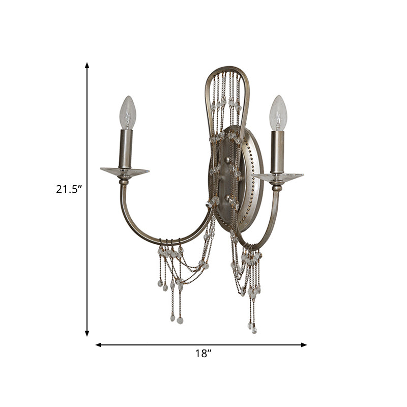 Candelabra Metallic Wall Light Sconce Contemporary 2-Light Bedroom Crystal Wall Mount Lighting in Nickel with Curved Arm Clearhalo 'Cast Iron' 'Glass' 'Industrial' 'Modern wall lights' 'Modern' 'Tiffany' 'Traditional wall lights' 'Wall Lamps & Sconces' 'Wall Lights' Lighting' 791052