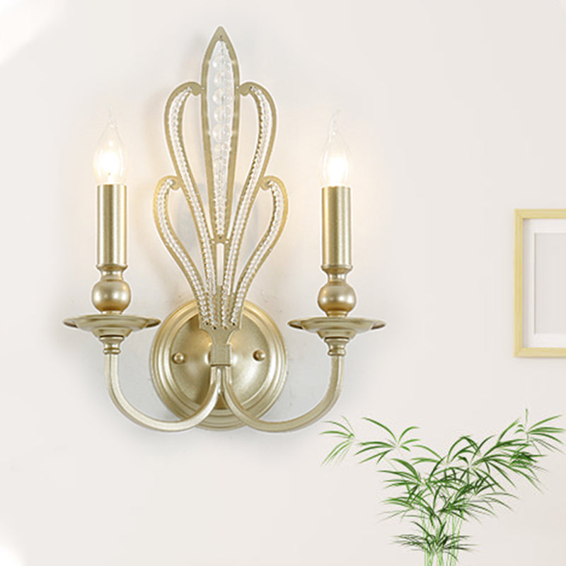 Brass Candle Wall Mount Light Fixture Rural Style Metal 1/2-Head Corridor Wall Sconce with Flower Crystal Accent Clearhalo 'Wall Lamps & Sconces' 'Wall Lights' Lighting' 791063