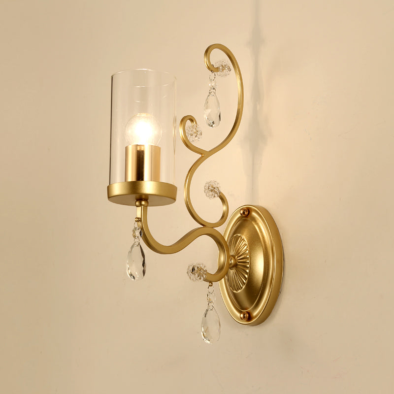 1/2-Bulb Clear Glass Wall Mounted Light Simple Brass Finish Cylinder Wall Lighting Ideas with Crystal Accent Clearhalo 'Cast Iron' 'Glass' 'Industrial' 'Modern wall lights' 'Modern' 'Tiffany' 'Traditional wall lights' 'Wall Lamps & Sconces' 'Wall Lights' Lighting' 791068
