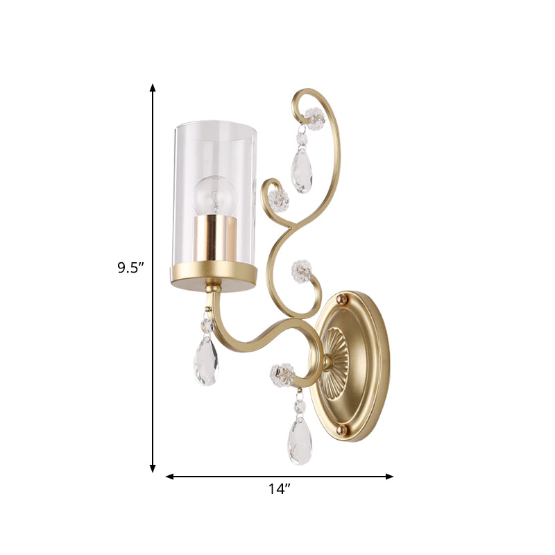 1/2-Bulb Clear Glass Wall Mounted Light Simple Brass Finish Cylinder Wall Lighting Ideas with Crystal Accent Clearhalo 'Cast Iron' 'Glass' 'Industrial' 'Modern wall lights' 'Modern' 'Tiffany' 'Traditional wall lights' 'Wall Lamps & Sconces' 'Wall Lights' Lighting' 791069