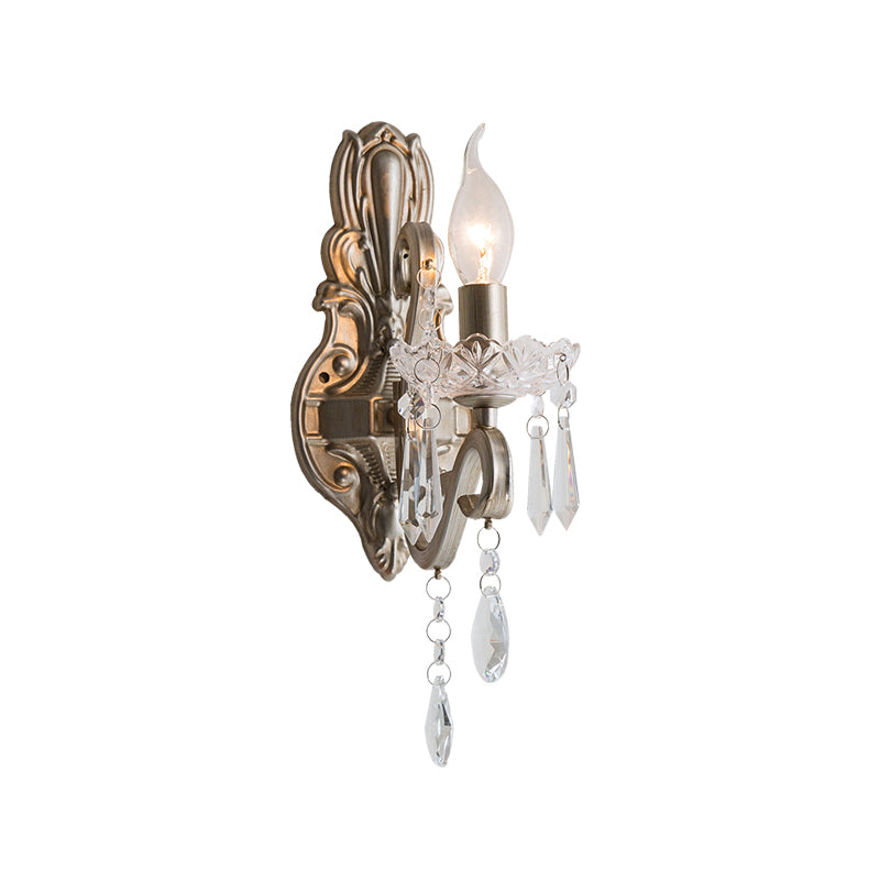 Swirl Arm Living Room Wall Light Fixture Retro Style Metal 1/2-Light Silver Finish Sconce Lighting with Crystal Drop Clearhalo 'Wall Lamps & Sconces' 'Wall Lights' Lighting' 791076