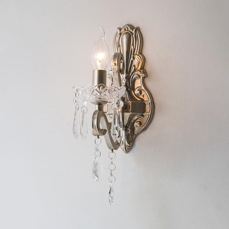 Swirl Arm Living Room Wall Light Fixture Retro Style Metal 1/2-Light Silver Finish Sconce Lighting with Crystal Drop Clearhalo 'Wall Lamps & Sconces' 'Wall Lights' Lighting' 791077