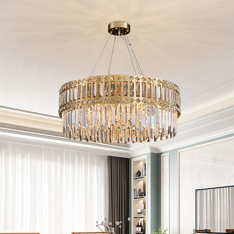 Gold Drum Hanging Chandelier Modern Strip Crystal 10 Lights Living Room Pendant Lamp Clearhalo 'Ceiling Lights' 'Chandeliers' Lighting' options 791084