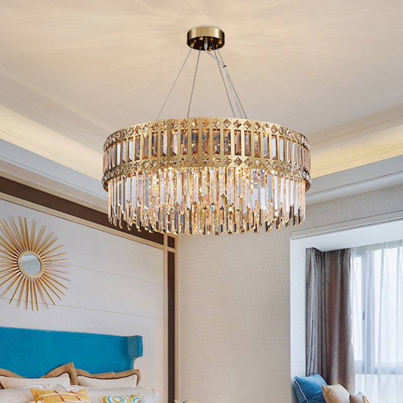 Gold Drum Hanging Chandelier Modern Strip Crystal 10 Lights Living Room Pendant Lamp Clearhalo 'Ceiling Lights' 'Chandeliers' Lighting' options 791085