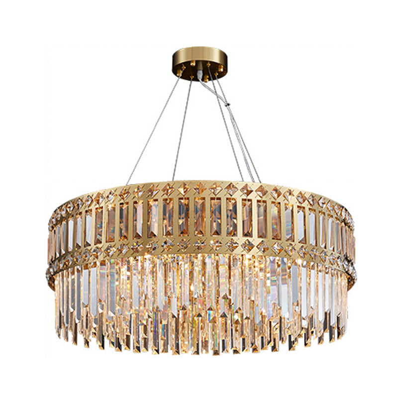 Gold Drum Hanging Chandelier Modern Strip Crystal 10 Lights Living Room Pendant Lamp Clearhalo 'Ceiling Lights' 'Chandeliers' Lighting' options 791086