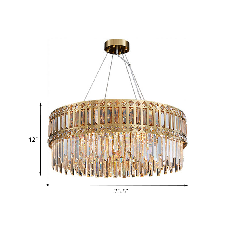 Gold Drum Hanging Chandelier Modern Strip Crystal 10 Lights Living Room Pendant Lamp Clearhalo 'Ceiling Lights' 'Chandeliers' Lighting' options 791087