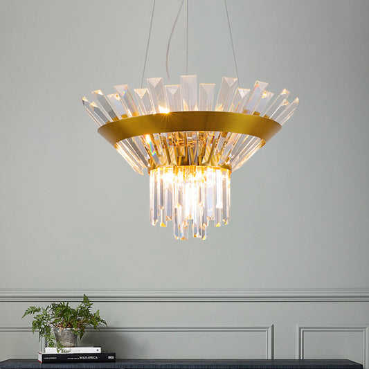 9-Bulb Rectangular-Cut Crystal Chandelier Postmodern Gold Cone Dining Table Suspension Light Gold Clearhalo 'Ceiling Lights' 'Chandeliers' 'Modern Chandeliers' 'Modern' Lighting' 791096