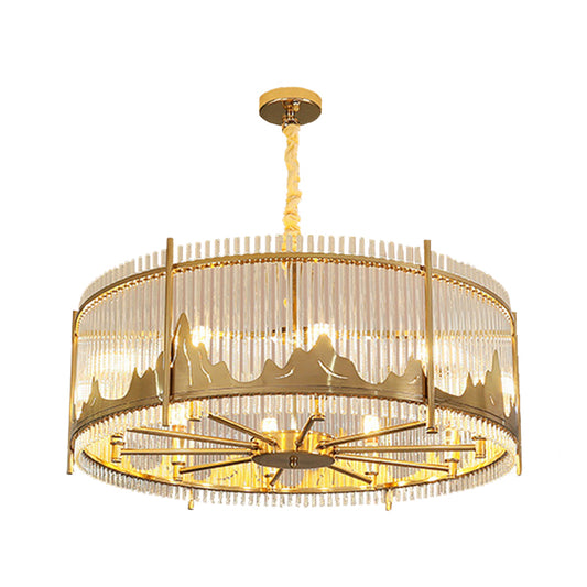 Strip Crystal Gold Ceiling Chandelier Drum Shape 8-Light Modernist Hanging Pendant with Mountain Pattern Clearhalo 'Ceiling Lights' 'Chandeliers' Lighting' options 791101