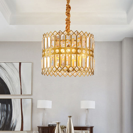 3/4 Lights Drum Hanging Lamp Traditional Gold Crystal Encrusted Chandelier Pendant Light Clearhalo 'Ceiling Lights' 'Chandeliers' Lighting' options 791117