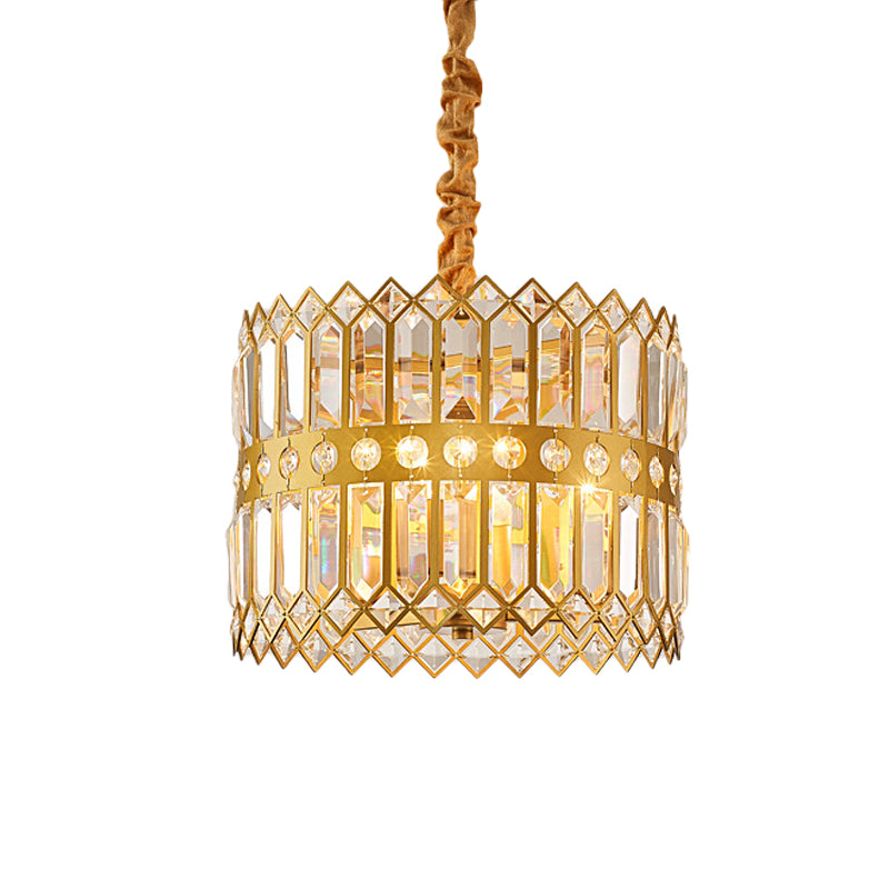 3/4 Lights Drum Hanging Lamp Traditional Gold Crystal Encrusted Chandelier Pendant Light Clearhalo 'Ceiling Lights' 'Chandeliers' Lighting' options 791118