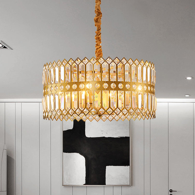 3/4 Lights Drum Hanging Lamp Traditional Gold Crystal Encrusted Chandelier Pendant Light Clearhalo 'Ceiling Lights' 'Chandeliers' Lighting' options 791121