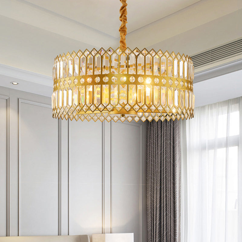 3/4 Lights Drum Hanging Lamp Traditional Gold Crystal Encrusted Chandelier Pendant Light Clearhalo 'Ceiling Lights' 'Chandeliers' Lighting' options 791122