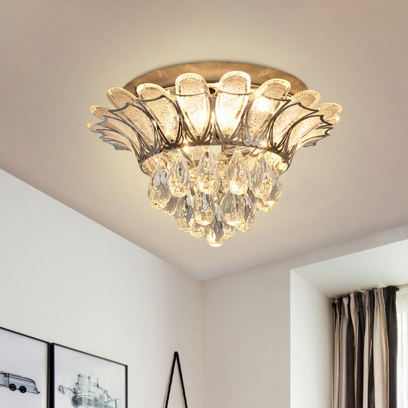 Clear Glass Petals Flush Light Simple Bedroom LED Flush Mount Ceiling Fixture with Crystal Droplet Clearhalo 'Ceiling Lights' 'Close To Ceiling Lights' 'Close to ceiling' 'Flush mount' Lighting' 791165