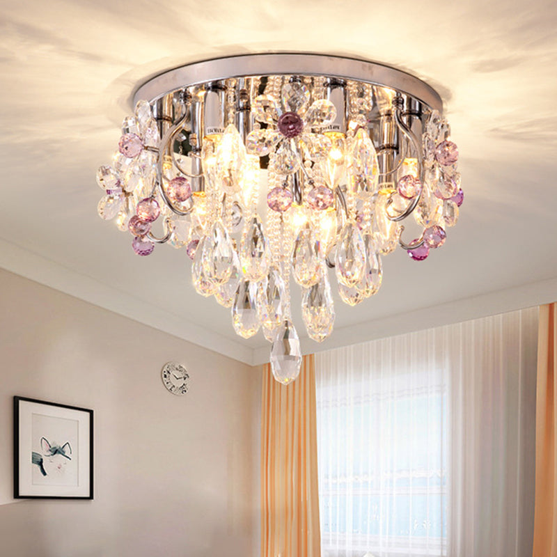 6 Lights Flower Crystal Flush Mount Romantic Modern Chrome Draping Bedroom Ceiling Lamp Chrome Clearhalo 'Ceiling Lights' 'Close To Ceiling Lights' 'Close to ceiling' 'Flush mount' Lighting' 791172