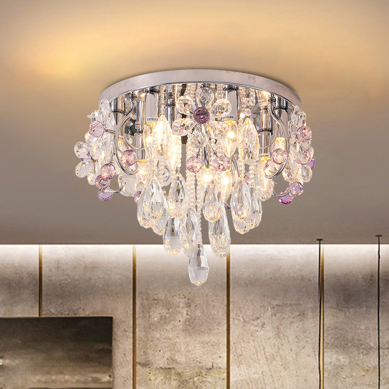 6 Lights Flower Crystal Flush Mount Romantic Modern Chrome Draping Bedroom Ceiling Lamp Clearhalo 'Ceiling Lights' 'Close To Ceiling Lights' 'Close to ceiling' 'Flush mount' Lighting' 791173